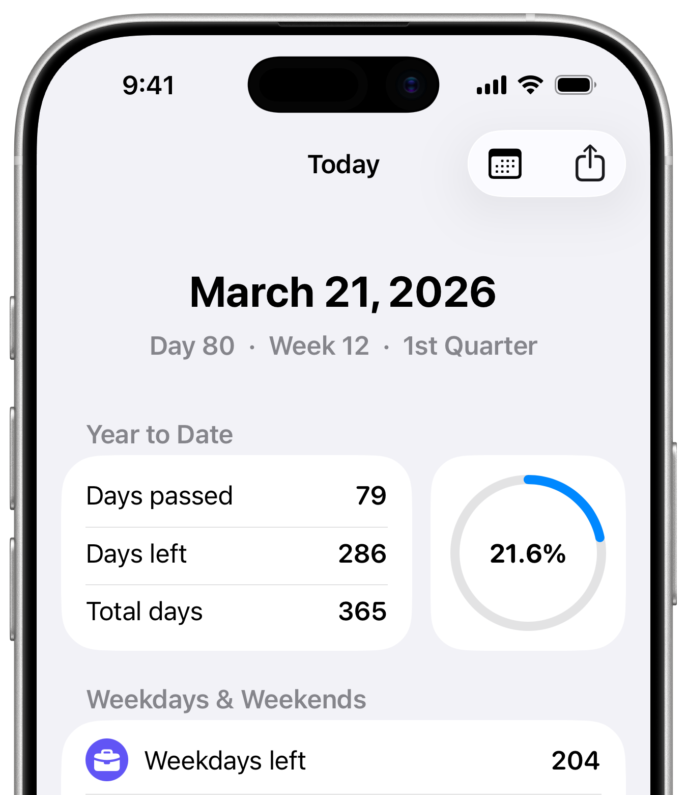 iPhone, top part of screen showing the Calmetric app