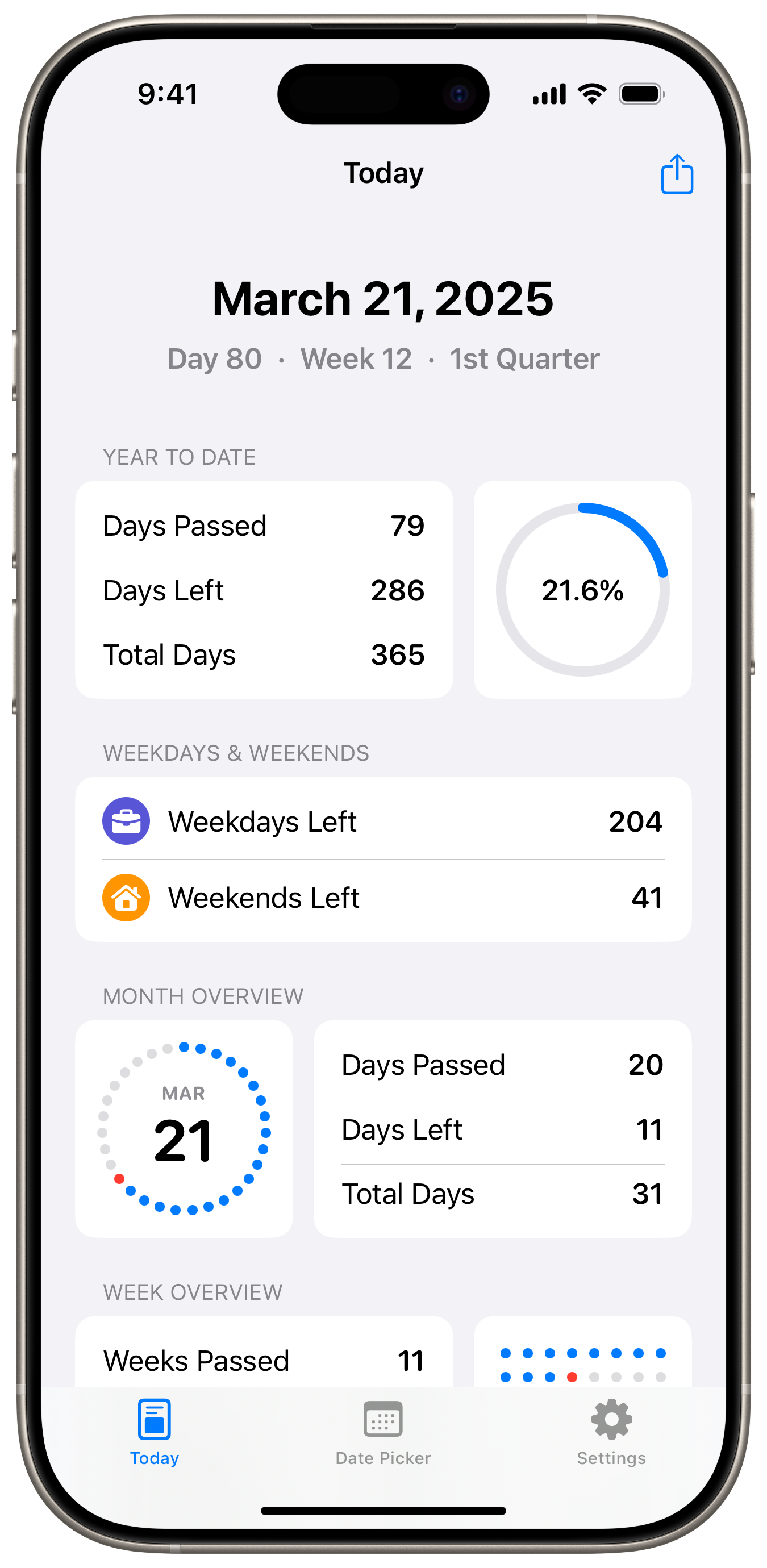 iPhone, screen showing the Today view of the Calmetric app