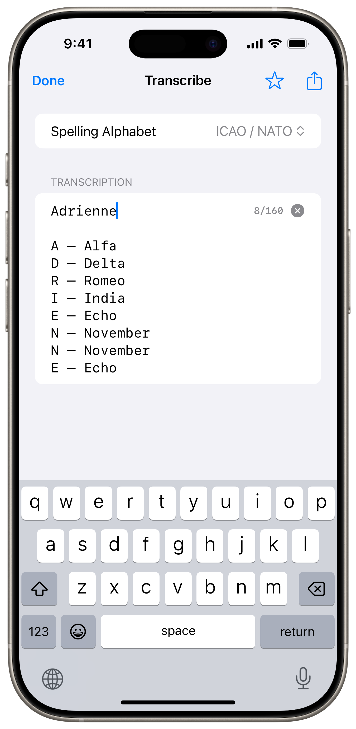 iPhone, screen showing the Transcribe view of the Codifer app