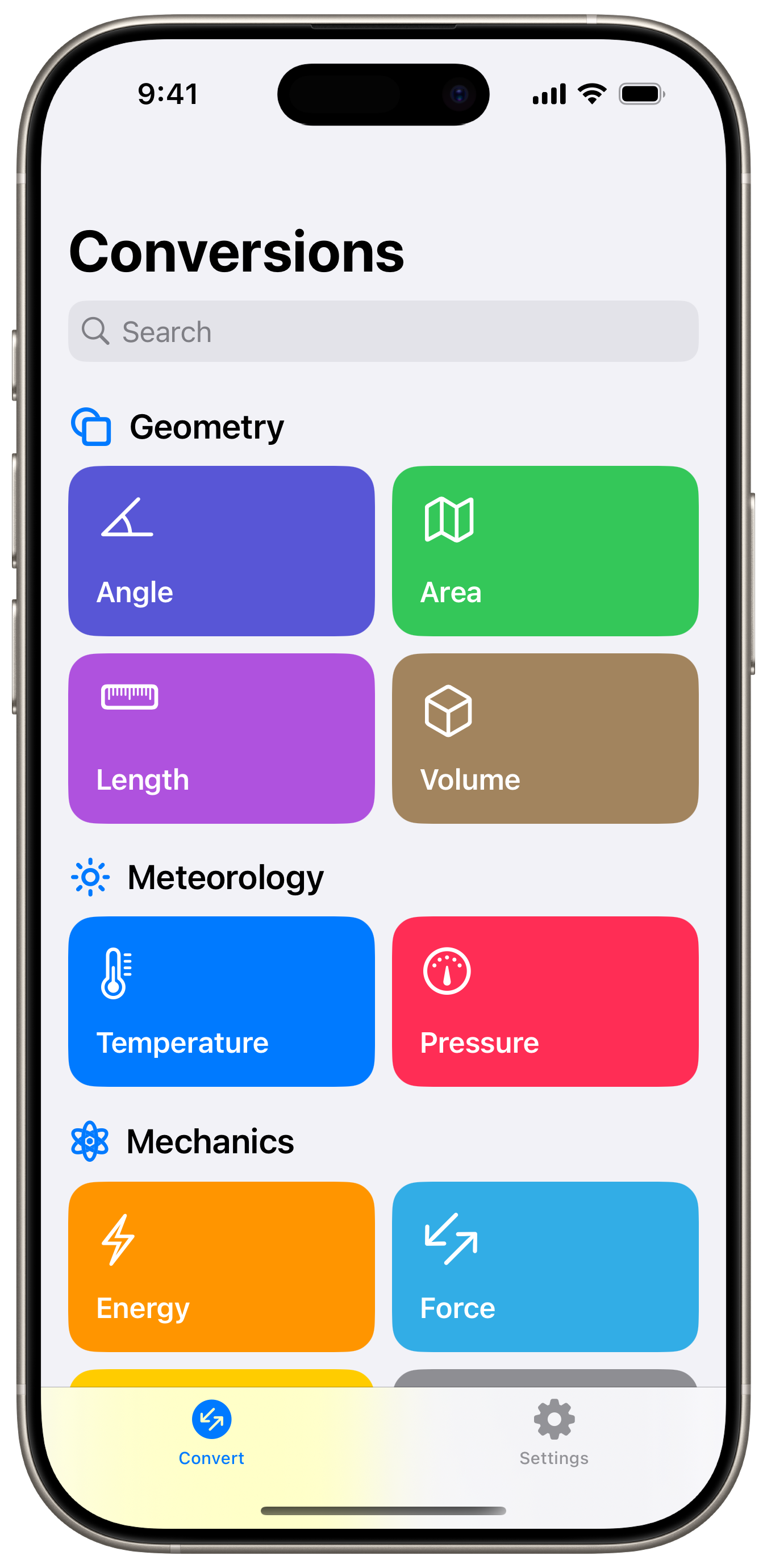 iPhone, screen showing the Convert view of the Conversions app